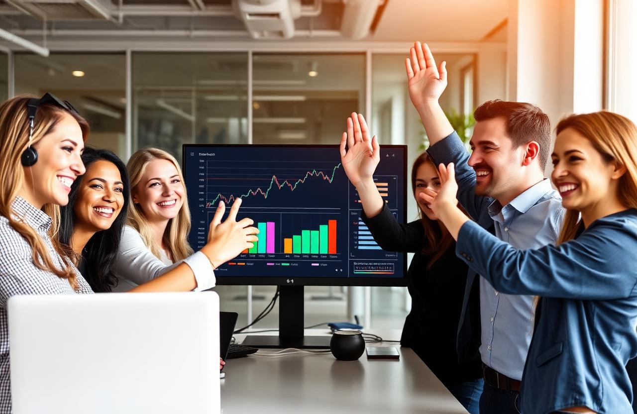 Happy office team celebrating rising sales after launching their new website